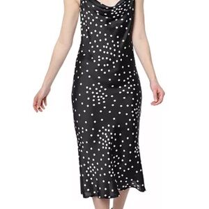 Bebe Black and White Polka Dot Satin Midi Sheath Dress